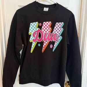 Dua Lipa Black Sweatshirt with Colorful Graphic.